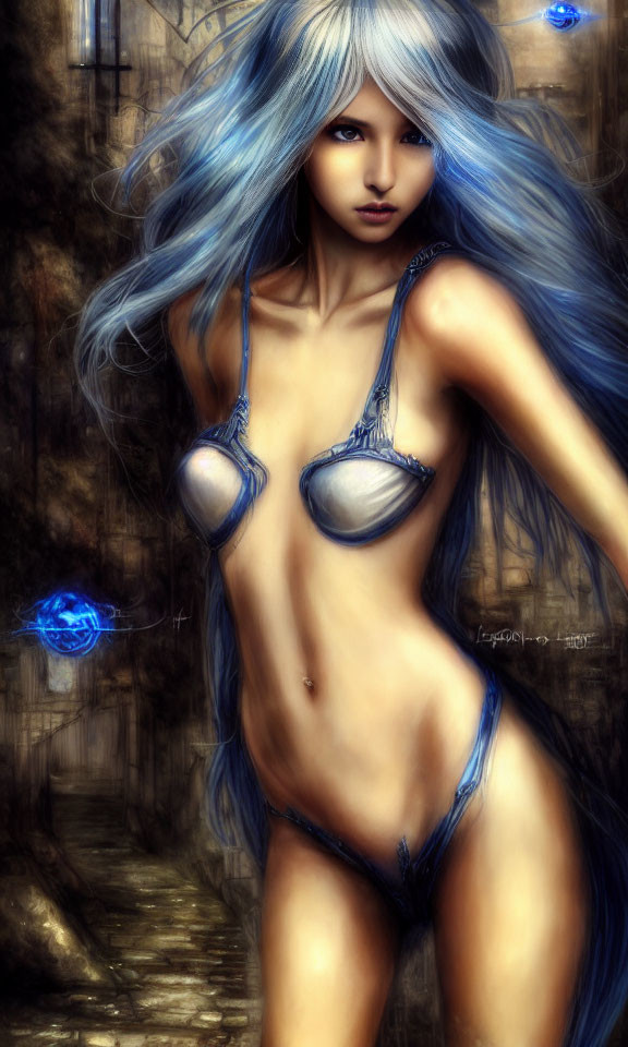 Fantasy-themed digital artwork: Female figure with long blue hair and glowing orbs
