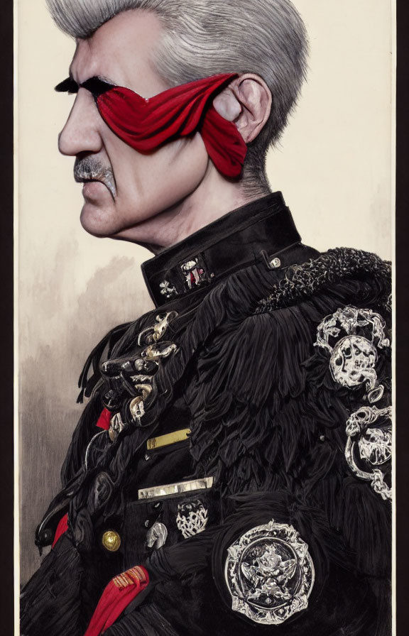 Detailed portrait of a man with silver hair, red blindfold, and military jacket