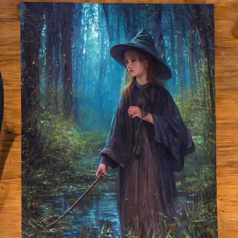 Young girl in wizard hat and cloak in mystical forest with staff and light filtering through trees