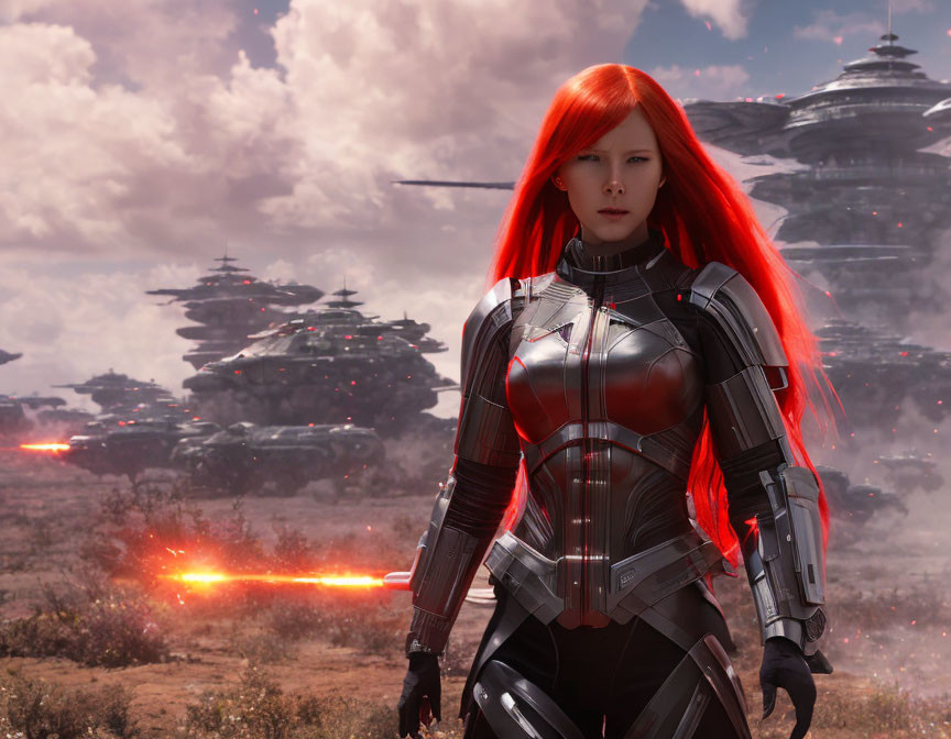 Striking red-haired woman in futuristic bodysuit on sci-fi battlefield