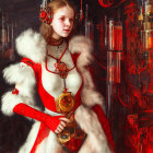 Futuristic white and red costume with fur details and high-tech earpieces against complex red tubing background