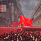 Soviet-themed red flag parade in historic cityscape