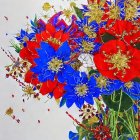 Colorful floral artwork with blue and red flowers and golden sparkles on white background