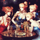 Stylized animated women in cosmic outfits at table with snacks