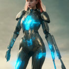 Female Warrior in Futuristic Armor with Glowing Blue Lights and High-Tech Spear