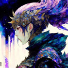 Fantasy character with blue and purple armor helm and feathers on watercolor background