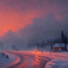 Snowy village twilight scene with pink and orange sky, lit streetlamp, rising smoke, and mist