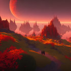 Figure on surreal red alien landscape with towering spires under moonlit sky