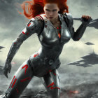 Red-haired woman in futuristic armored suit in war-torn setting with flying ships