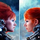 Red-haired woman in futuristic armor, split image, calm profile vs. focused gaze, cloudy sky backdrop