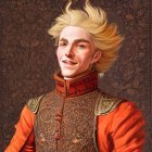 Spiked blond hair person in ornate orange jacket portrait.
