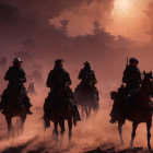 Four silhouetted horseback riders under dusky sky with shadowy post-apocalyptic structures.