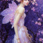 Digital artwork: Fairy with delicate wings in pink floral dress among blooming purple flowers