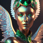 3D-rendered image of female figure with metallic skin and emerald green eyes, bejew