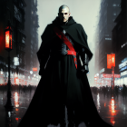 Bald character in black cloak and red sash in neon-lit city street