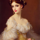 Portrait of woman in tiara and feathered dress holding roses