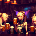 Animated elfin characters with wings holding mugs in bar setting.