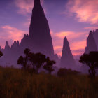 Scenic landscape at dusk: purple skies, silhouetted rocks, and warm reddish glow