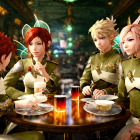 Four animated female characters in festive elf-like outfits enjoying beverages in a holiday-themed setting.