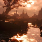 Majestic sunset scene with glowing trees, ornate boats, and misty temples