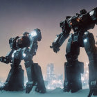 Two large robots in snowy night landscape with illuminated eyes under starry sky