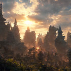 Mystical cityscape with towering spires and temples at sunset