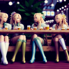 Five Animated Female Characters in Dresses with Flower Accessories at Dimly Lit Bar