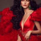 Woman with voluminous black hair in red gown with gold accents and green earrings