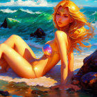 Blonde woman on beach with crystal ball and waves