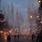 Futuristic cityscape at dusk with tall spire-like buildings and glowing lights