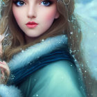 Portrait of young woman with blue eyes in winter attire against snowy backdrop
