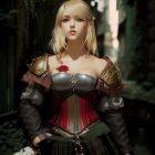 Blonde Female Character in Fantasy Armor Corset on Mossy Background