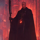 Mysterious figure in dark cloak with rifle against futuristic cityscape