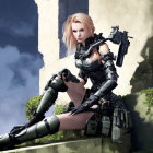 Blonde female character in futuristic armor with rifle on rubble