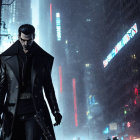 Male character with slicked-back hair in long coat holding firearm in snowy urban street