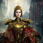 Regal woman in golden armor with crown on dark fantasy cityscape.