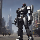 Futuristic bipedal mech with soldiers in dystopian cityscape