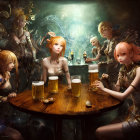 Fantastical animal characters drinking beer in magical tavern