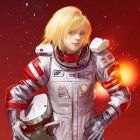 Detailed astronaut suit on a solemn child with blonde bowl cut against red starry background