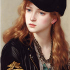 Portrait of person with wavy hair in black cap and jacket with red and gold details.