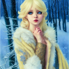 Blonde, Blue-Eyed Animated Woman in Winter Scene with White Fur Cloak