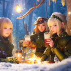 Group of People Drinking by Fire in Snowy Forest Setting