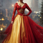Woman in red and gold gown with lace sleeves against urban twilight backdrop