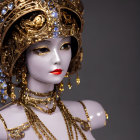Elegant female figure with golden jeweled headpiece in 3D portrait