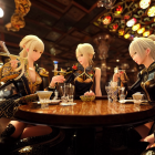 Futuristic armor-clad female anime characters at a bar