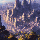 Ethereal cityscape with golden light, towering spires, grand architecture, and hazy atmosphere