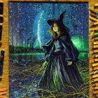 Young girl in wizard hat and cloak in mystical forest with staff and light filtering through trees