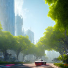 City street with futuristic skyscrapers and flying vehicle under tree canopy