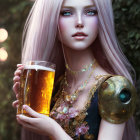 Fantasy digital art: Woman with pink hair and green eyes holding beer mug in floral armor.