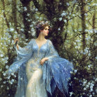 Elegant Woman in Blue Gown Among Blossoming Trees
